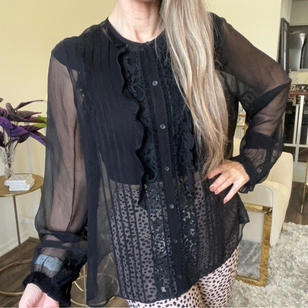 Rebecca Taylor Black Crewneck Long Sleeves Ruffled Button Up Sheer Blouse 12 - Picture 5 of 12
